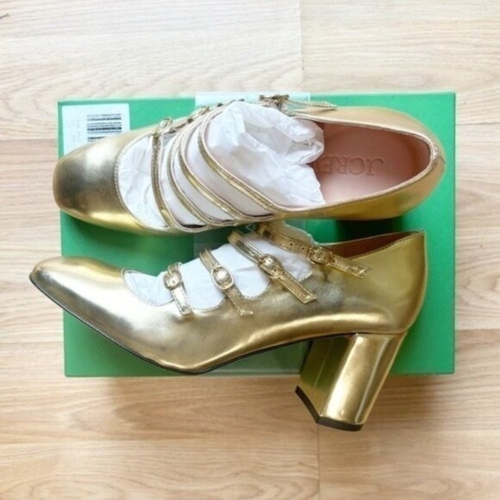 J.Crew Gold Metallic Leather Multi-Strap Mary Jane Block Heel Pumps | Size 8 - Picture 10 of 12